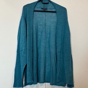 Eileen Fisher Woman 100% Wool Open Front Cardigan Sweater Teal Blue